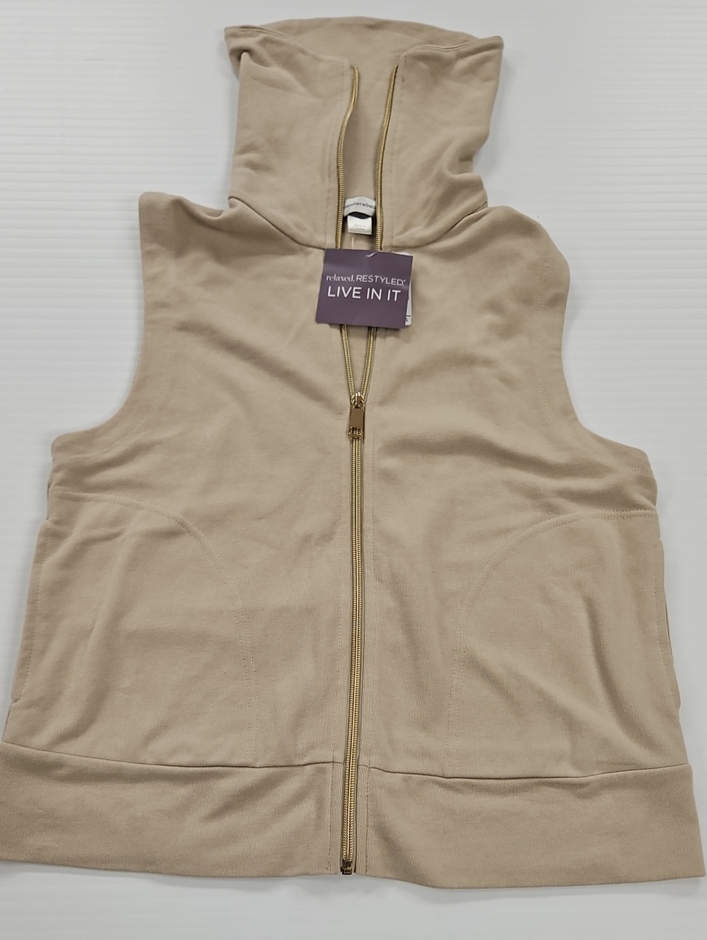 Christopher & Banks Beige Hooded Zip-Front Vest